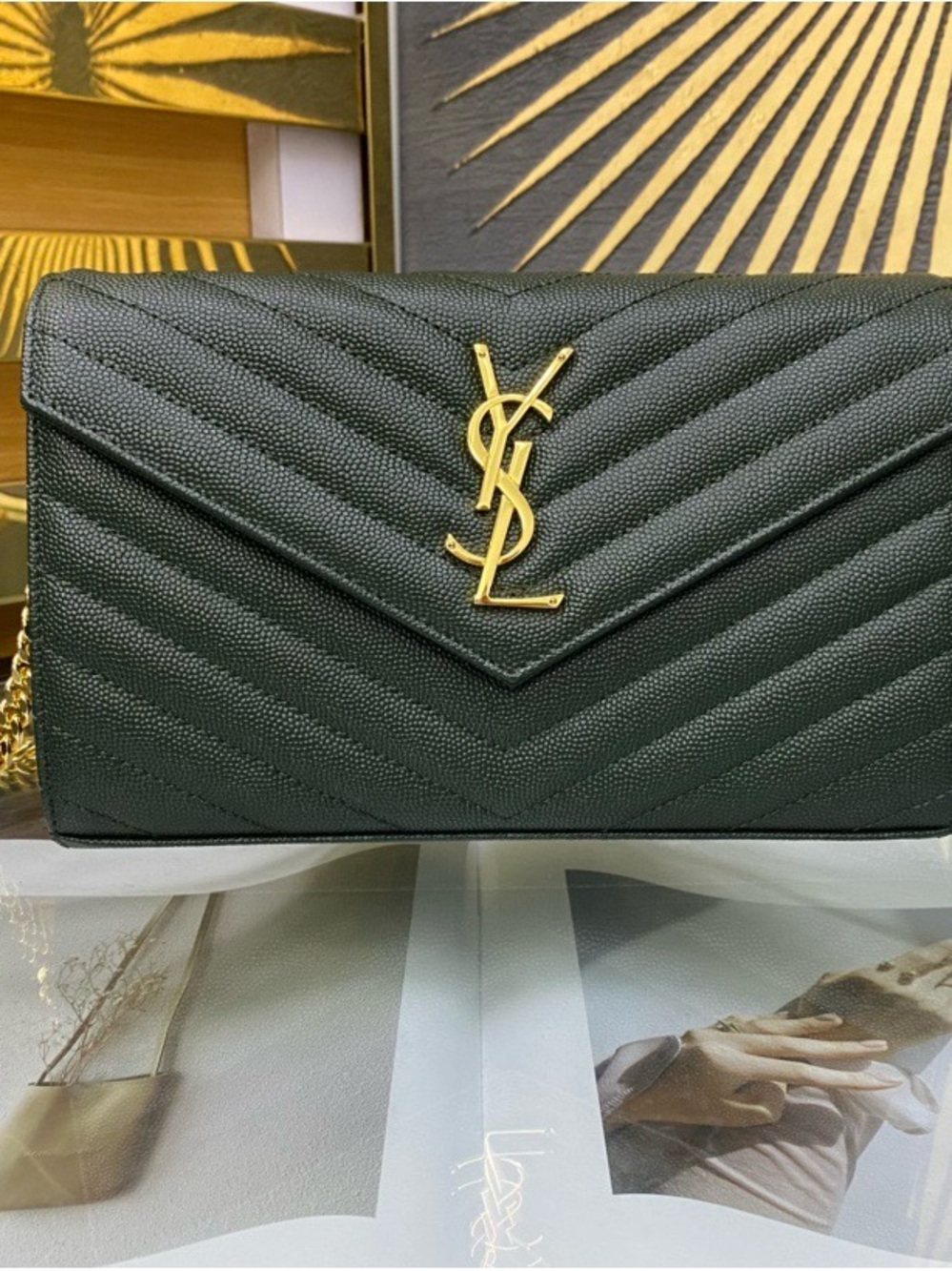 Saint Laurent 💼 Dark Green Quilted Leather Envelope Wallet on Chain
